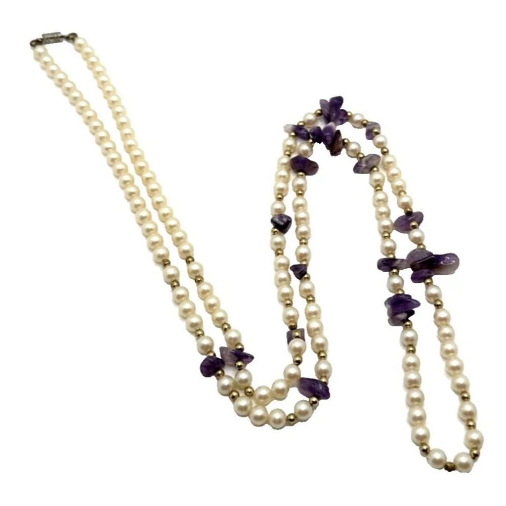 Vintage Faux Pearl Amethyst Chip Station Necklace Long Stone Boho Energy Calming